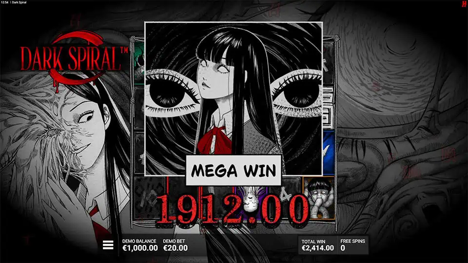Grim black-and-white win screen with “MEGA WIN” label over a creepy girl’s portrait, as sinister eyes stare from the background.