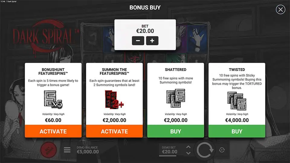 Bonus buy menu offering FeatureSpins and themed bonuses like “Twisted” and “Shattered,” each with increased summoning chances and extreme volatility.