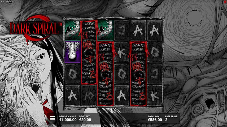 Free spins mode showing red summoning symbols stacked on reels, triggering full stacks of creepy payout icons for more ways to win.