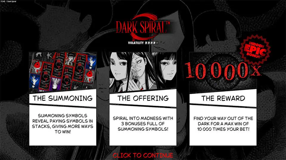Intro panel presenting “The Summoning,” “The Offering,” and “The Reward” features, with a bold 10,000x max win badge in red.