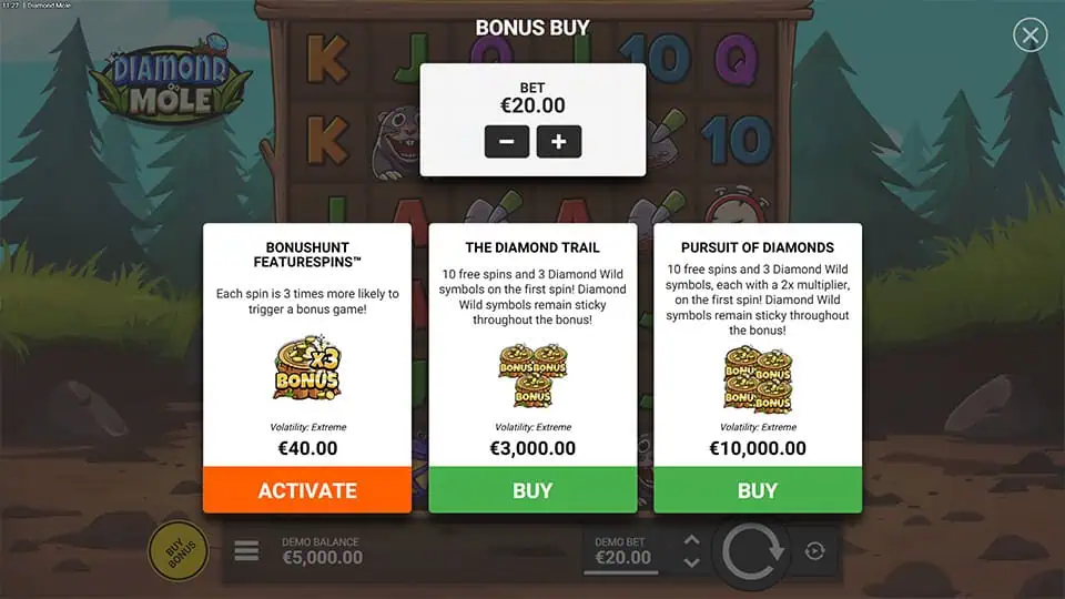 Bonus buy menu in Diamond Mole slot showing three options: Bonushunt Featurespins™, The Diamond Trail, and Pursuit of Diamonds with sticky wilds.