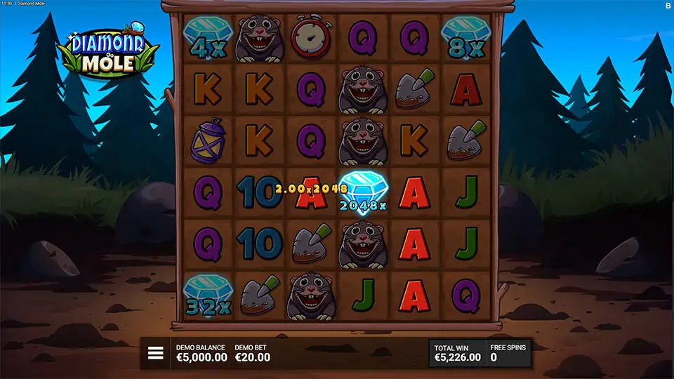 Diamond Mole gameplay showing a 2048x multiplier on a glowing blue diamond wild, surrounded by mole symbols during nighttime spins.
