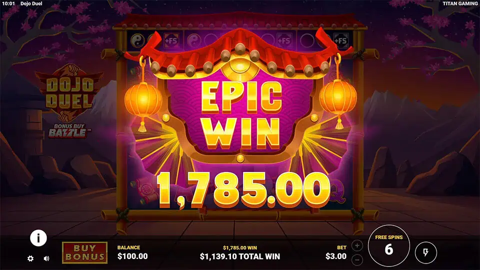 Epic Win screen in Dojo Duel with glowing text and golden lanterns on a red banner inside the dojo frame.