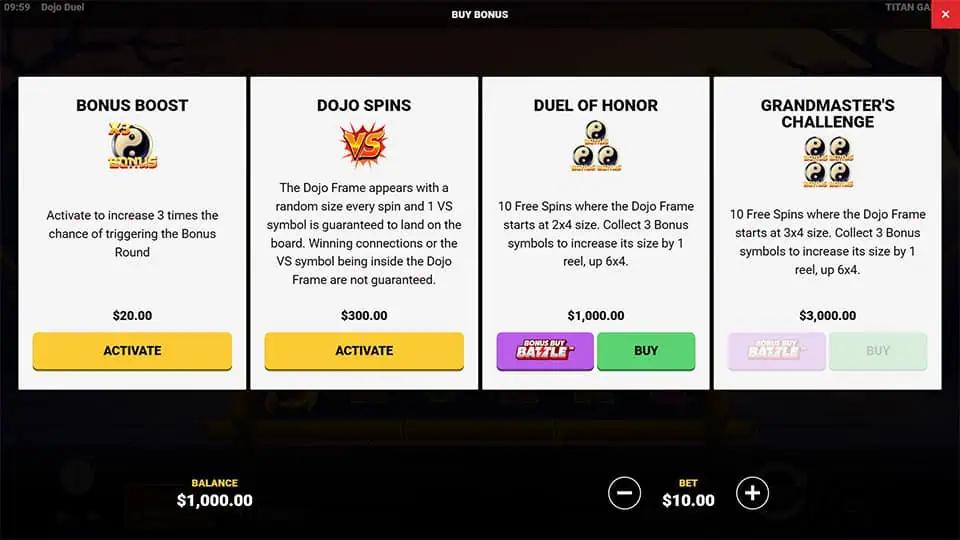 Bonus buy menu in Dojo Duel offering modes like Bonus Boost, Dojo Spins, Duel of Honor, and Grandmaster’s Challenge.