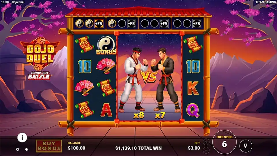 Activated VS Feature in Dojo Duel with two martial artists facing off inside the dojo frame, each with visible multipliers.