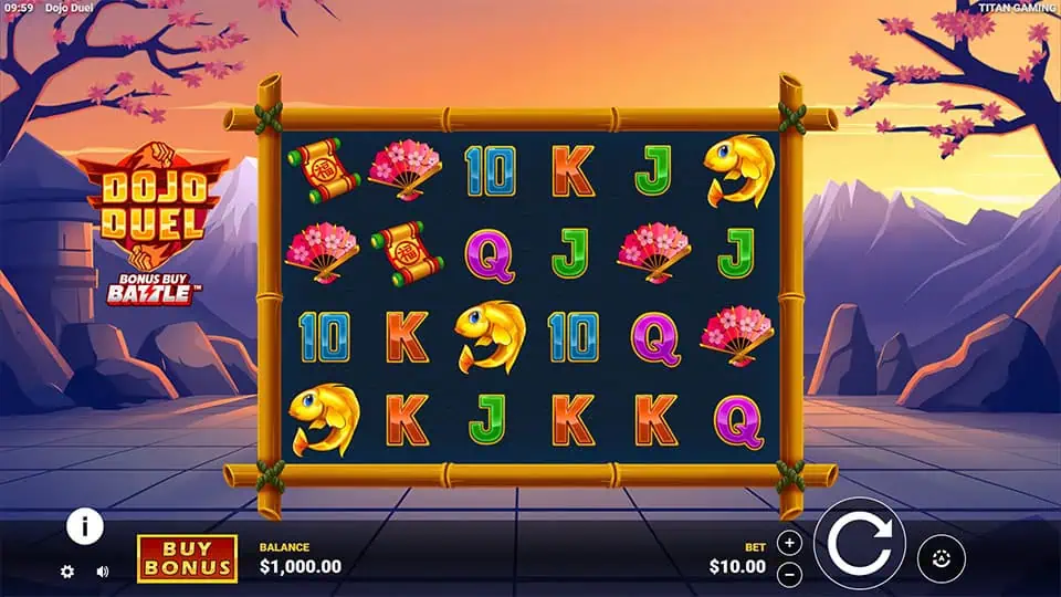 Base game screen of Dojo Duel slot with symbols like fans, scrolls, fish, and letters framed inside a bamboo dojo layout.