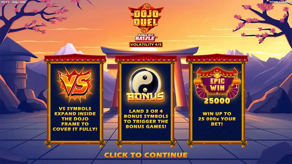 Dojo Duel intro screen showing VS expanding symbols, bonus trigger mechanics, and a max win of 25,000x.