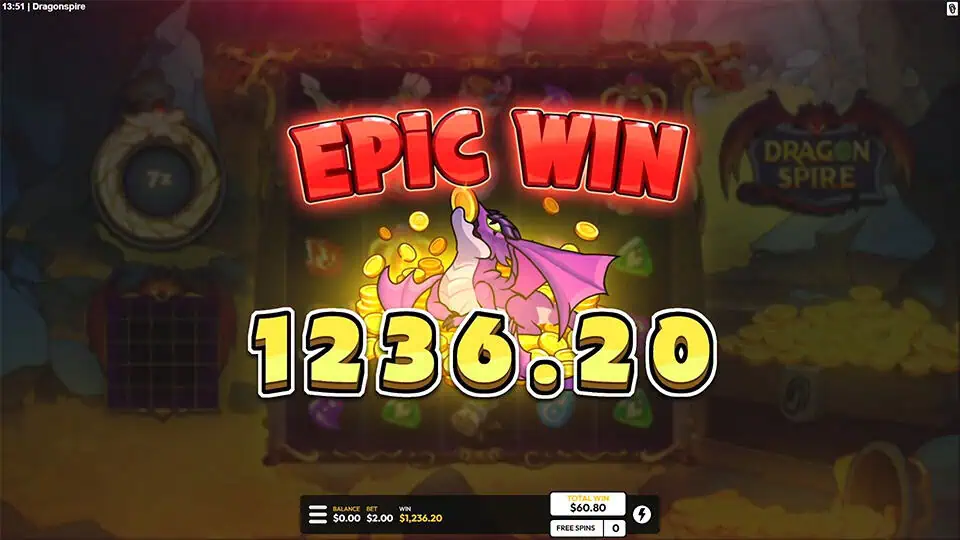 Epic win screen in Dragonspire slot featuring a happy purple dragon surrounded by flying coins and large bold win text.