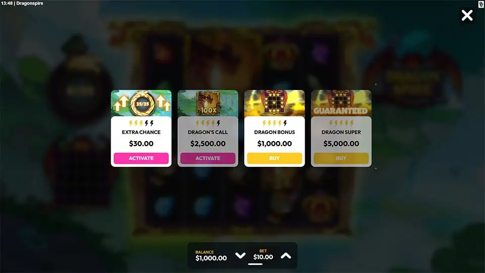 Bonus buy menu in Dragonspire slot offering Extra Chance, Dragon's Call, Dragon Bonus, and Dragon Super options with increasing volatility tiers.