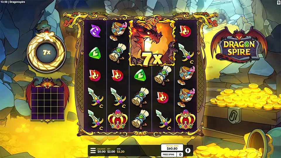 Dragon's Call feature in Dragonspire slot showing the summoned 2x2 dragon with a 7x multiplier on bright fantasy reels.