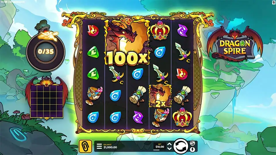 Base game screen of Dragonspire slot showing animated fantasy reels with swords, potions, and dragons in a glowing treasure cave with a multiplier meter.