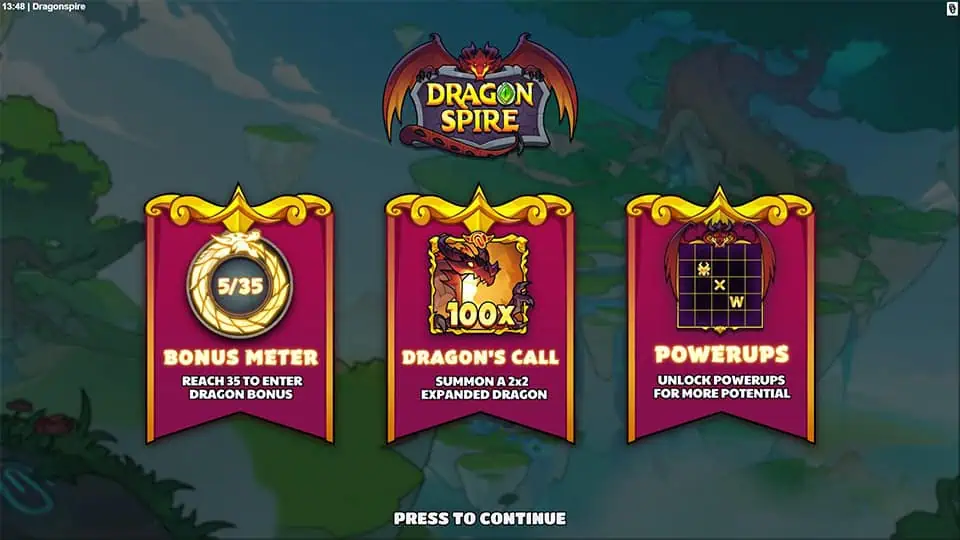 Intro screen of Dragonspire slot presenting the Bonus Meter, Dragon’s Call expanded dragon feature, and Powerups grid for win potential.