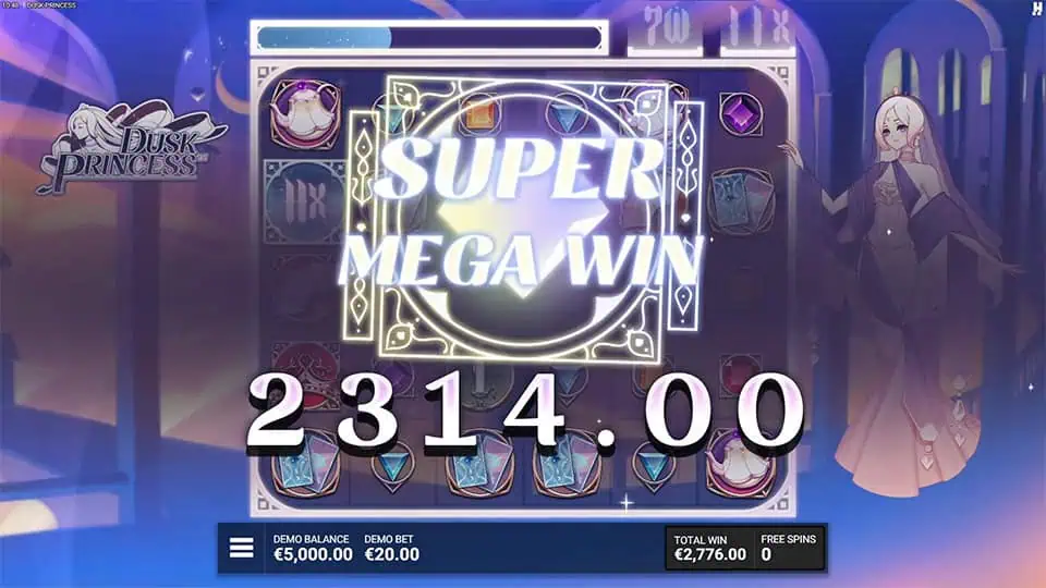 “SUPER MEGA WIN” shines over glowing reels with fantasy-themed symbols.