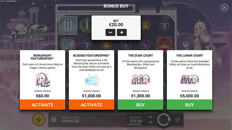 Four options including FeatureSpins and Court modes with varying volatility.