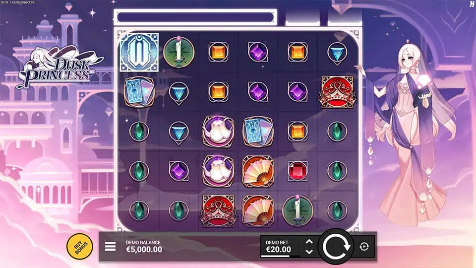 Reels with gems, fans, candles, and the princess on the right side.