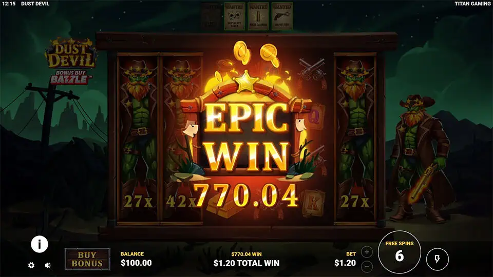 Epic Win screen in Dust Devil slot showing glowing golden text with stacked Dust Devil wilds and multiplier values in a night desert setting.