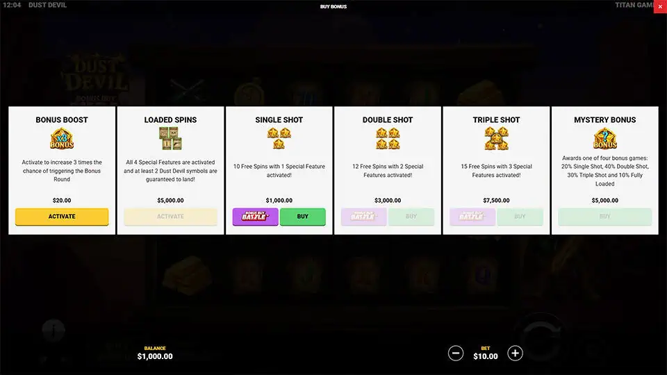Bonus buy menu in Dust Devil slot offering multiple modes including Bonus Boost, Single/Double/Triple Shot, Loaded Spins, and Mystery Bonus.