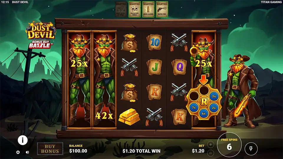 Duplicate Reel feature in Dust Devil slot displaying multiple stacked wild reels and a revolver chamber mechanic activating random multipliers.