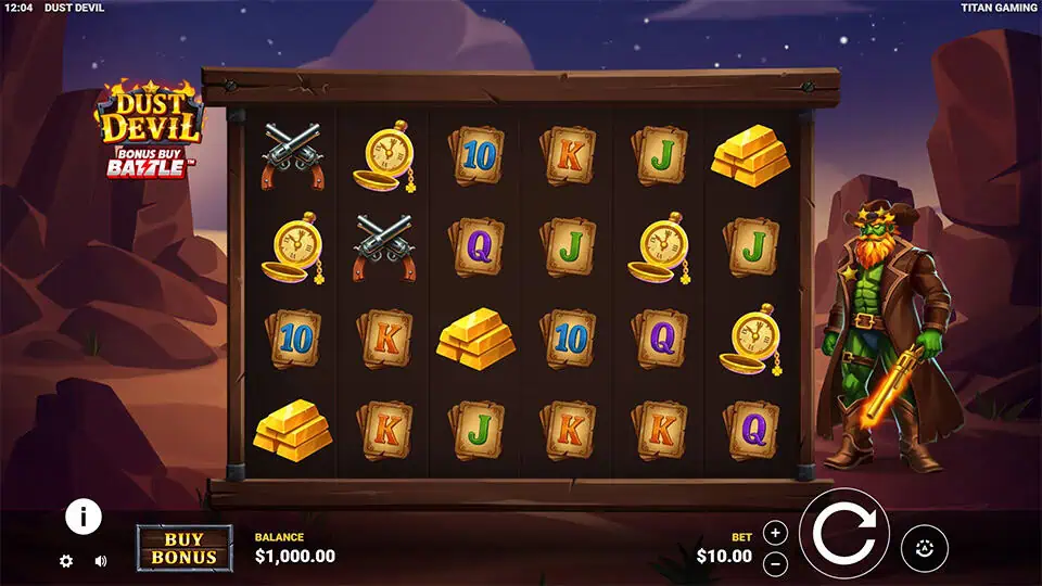 Base gameplay screen of Dust Devil slot featuring wild west symbols, gold bars, revolvers, and the Dust Devil outlaw character.