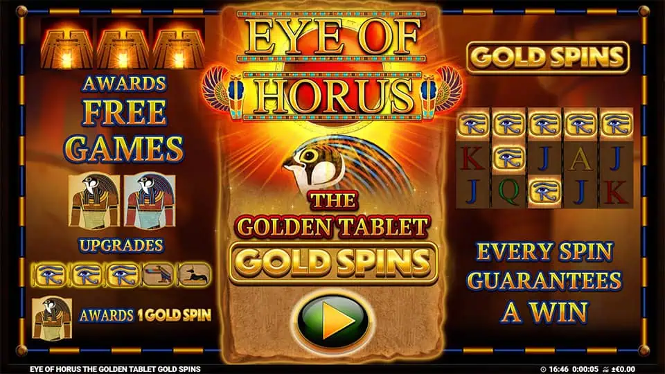 Eye of Horus The Golden Tablet Spins slot intro screen