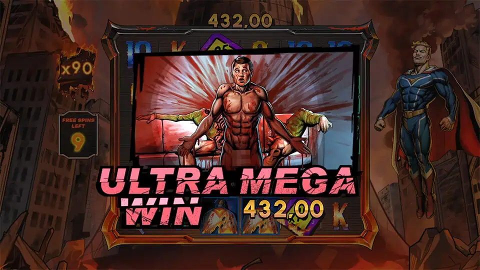 Ultra Mega Win screen in False Idols slot showing a dramatic muscular character transformation with bold red comic-style text overlay.