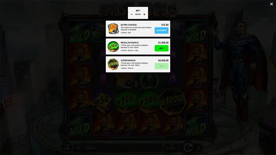 Bonus buy menu in False Idols slot displaying Extra Chance, Regular Bonus, and Super Bonus options with corresponding multipliers and volatility labels.