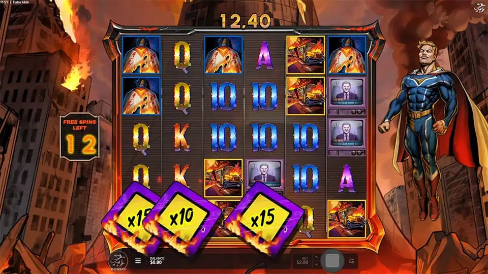 Free spins round in False Idols slot showing multiple x10 and x15 multipliers exploding across the fiery city backdrop.