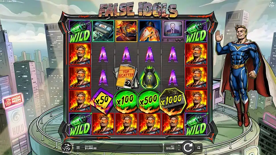 Base gameplay screen of False Idols slot featuring character symbols, flaming cars, wild canisters, and a superhero standing beside the reels.