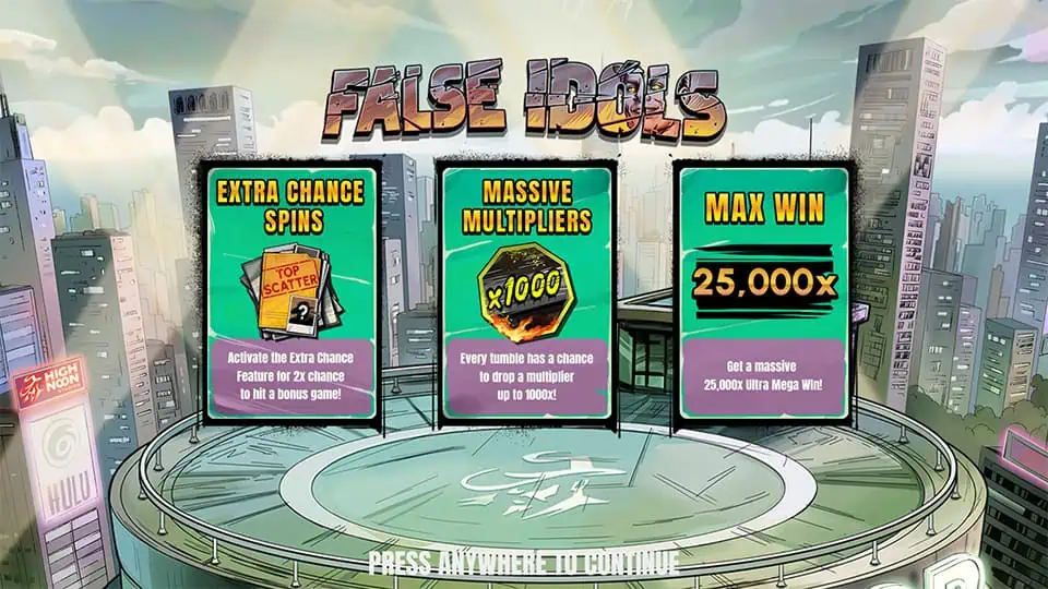 Intro panel for False Idols slot presenting Extra Chance Spins, Massive Multipliers, and a max win of 25,000x on a rooftop stage.