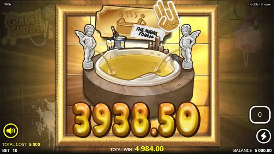 Golden bathtub with fountains pouring liquid gold, framed by cherubs and a sign reading “The Midas Touch,” showcasing a big win moment.