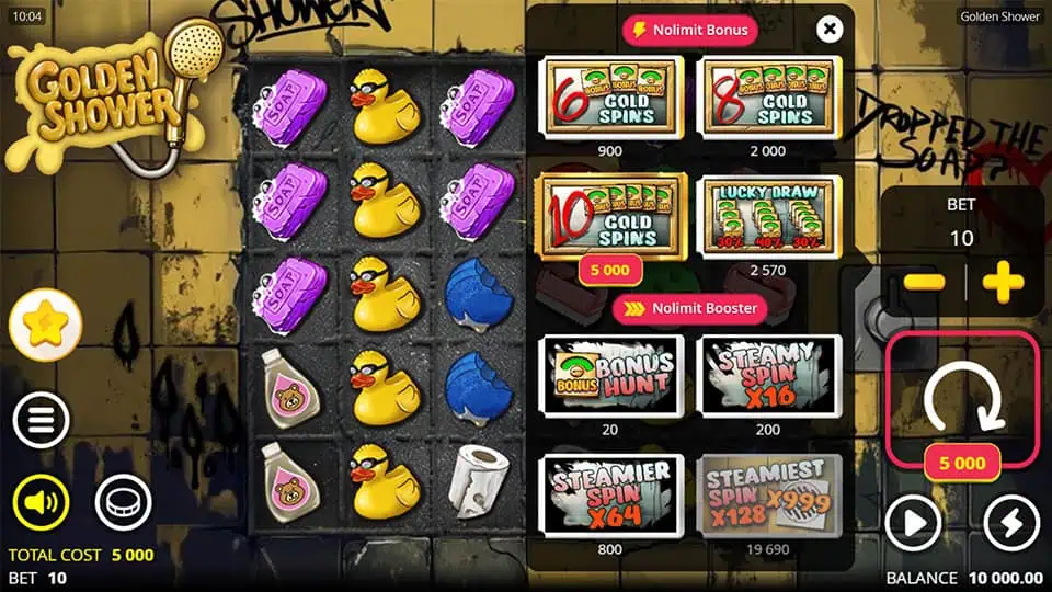 Buy bonus menu displaying various Gold Spins options and Nolimit Booster choices like Bonus Hunt and Steamy Spin with x64 to x999 multipliers.
