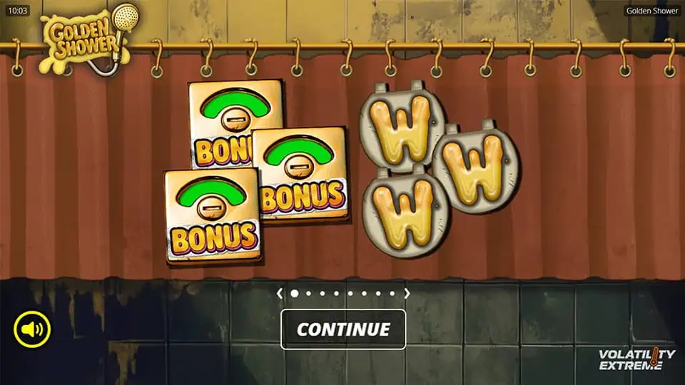 Shower curtain opening to reveal Bonus symbols and golden Wilds, with “VOLATILITY EXTREME” indicated in the bottom corner.