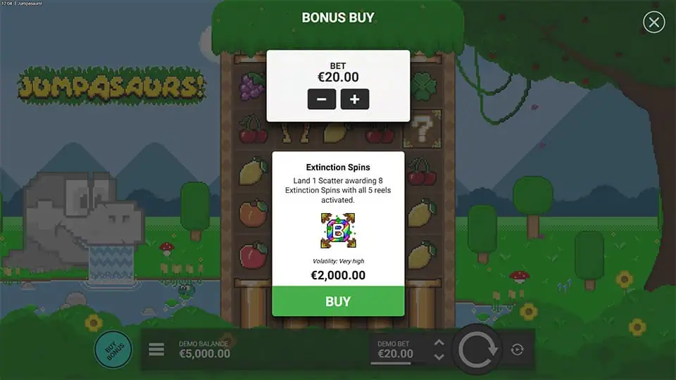 Bonus buy window offering Extinction Spins triggered by scatter symbols.