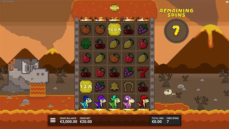 Gameplay with golden coin symbols showing multipliers like 13x and 100x in volcanic lava terrain.