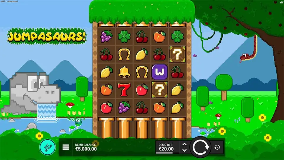 Main game screen with fruity symbols, wilds, and a bright green forest backdrop.