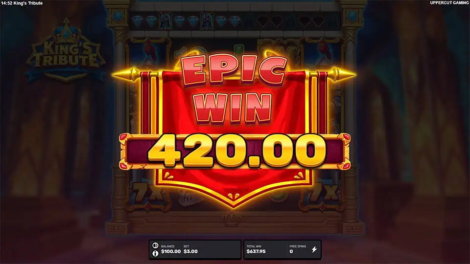 Epic Win animation in King’s Tribute slot with bold golden text over a red banner, flanked by shining spears.