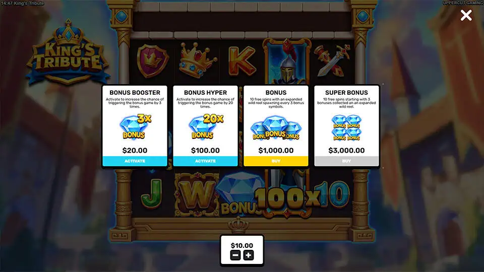 Bonus buy menu in King’s Tribute slot with four options: Bonus Booster, Bonus Hyper, Bonus, and Super Bonus, each offering increased access to enhanced features.