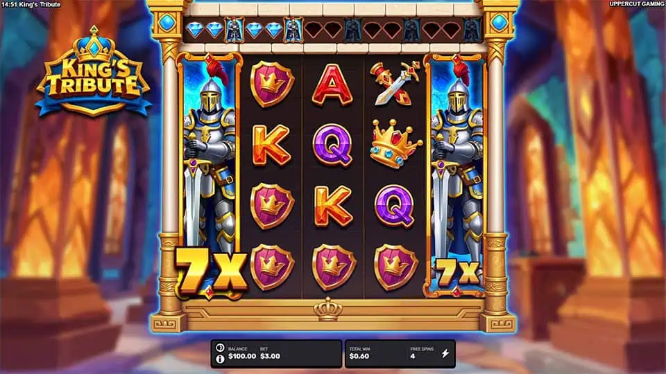 Highlighted expanded knight wild symbol in King’s Tribute slot, showing 100x multiplier stacked on the reels.