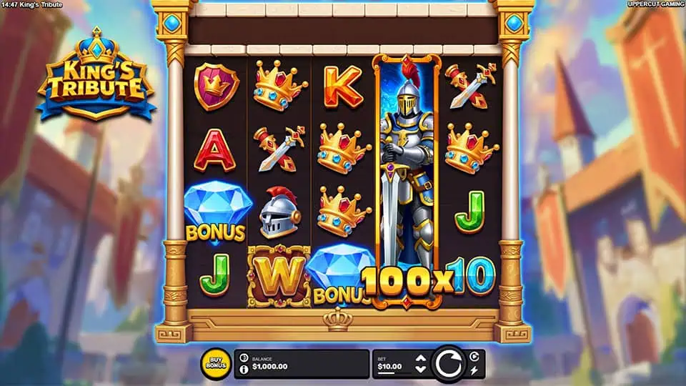 Main gameplay screen of King's Tribute slot showing armored knights, royal symbols, and active 7x multipliers within a glowing palace.