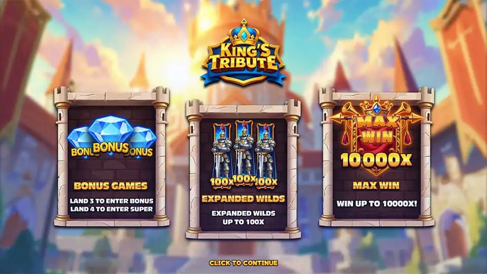 Intro panel for King’s Tribute slot featuring Bonus Games, Expanding Wilds up to 100x, and a maximum win of 10,000x.