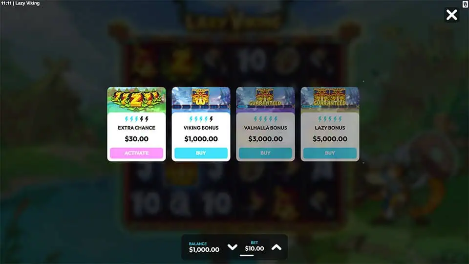 Buy feature screen offering different bonus types including Extra Chance, Viking Bonus, Valhalla Bonus, and Lazy Bonus, each with unique volatility levels.
