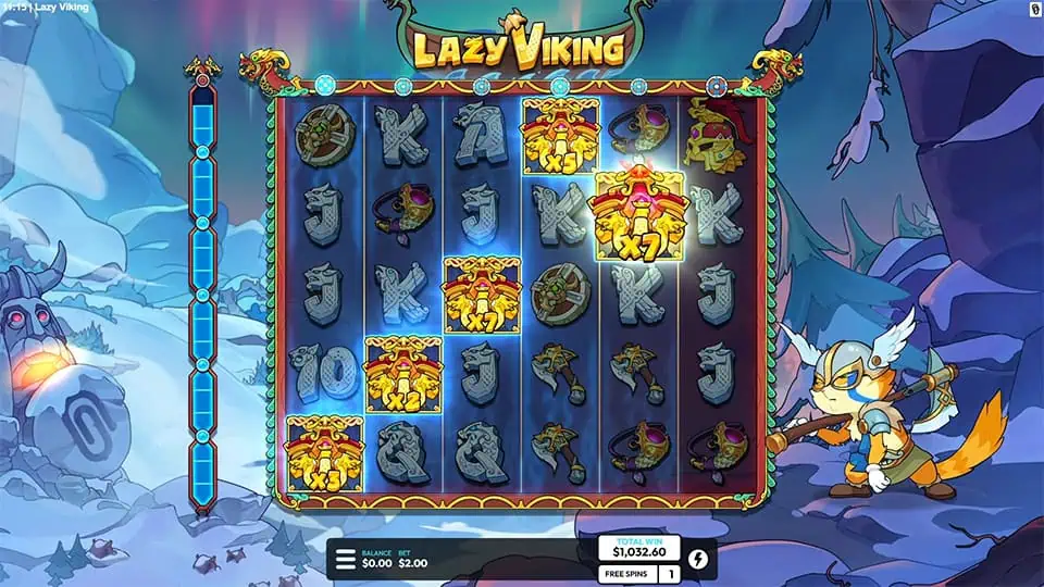 Bonus spin mode with Viking symbols showing x2 to x7 multipliers, enhancing wilds on glowing reels during free spins.