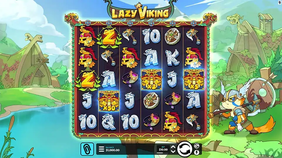 Vibrant 5-reel slot with Norse-themed symbols like helmets, axes, shields, and wild fox warriors, set in a sunny Viking village.