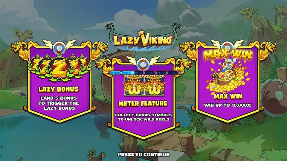 Feature preview showing Lazy Bonus, Meter Feature with wild reel unlocks, and a max win potential of up to 10,000x.