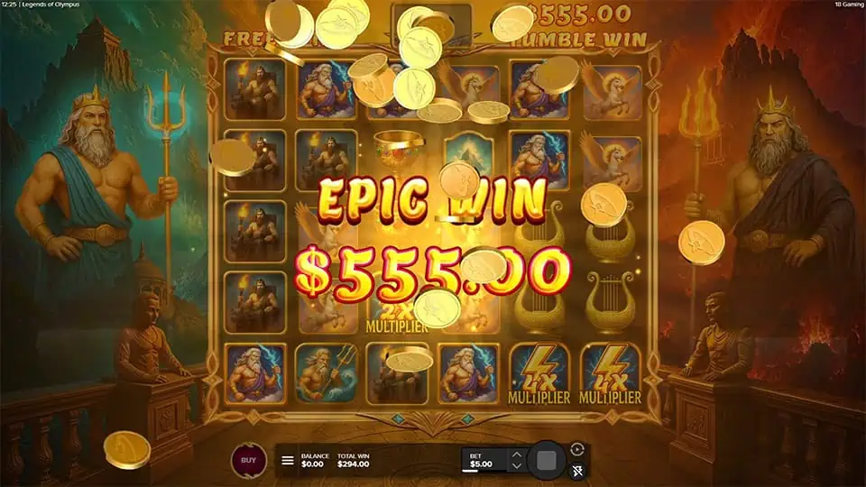 EPIC WIN screen in Legends of Olympus slot with raining coins, highlighted win text, and multipliers on reels.