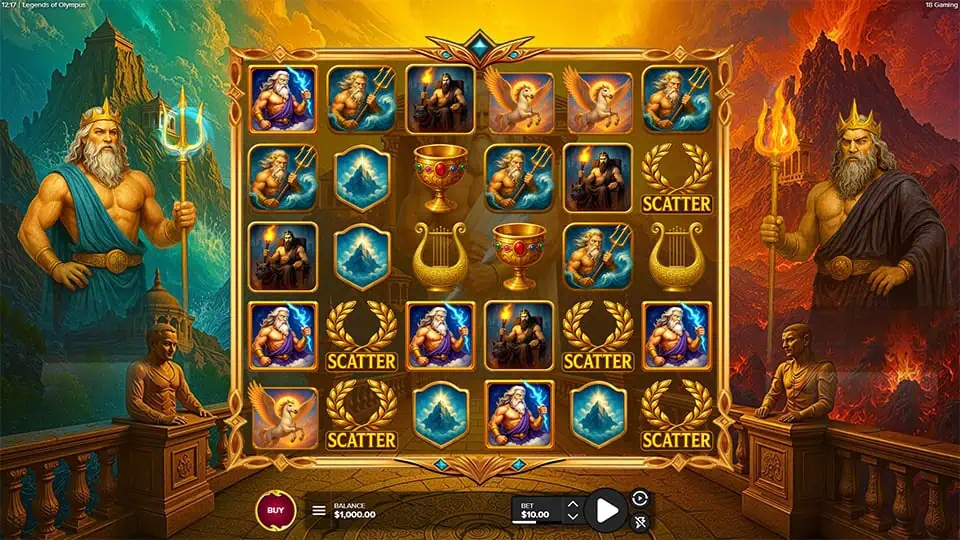 Main game screen of Legends of Olympus slot featuring Greek gods, mythological symbols, and a 6x5 reel layout.