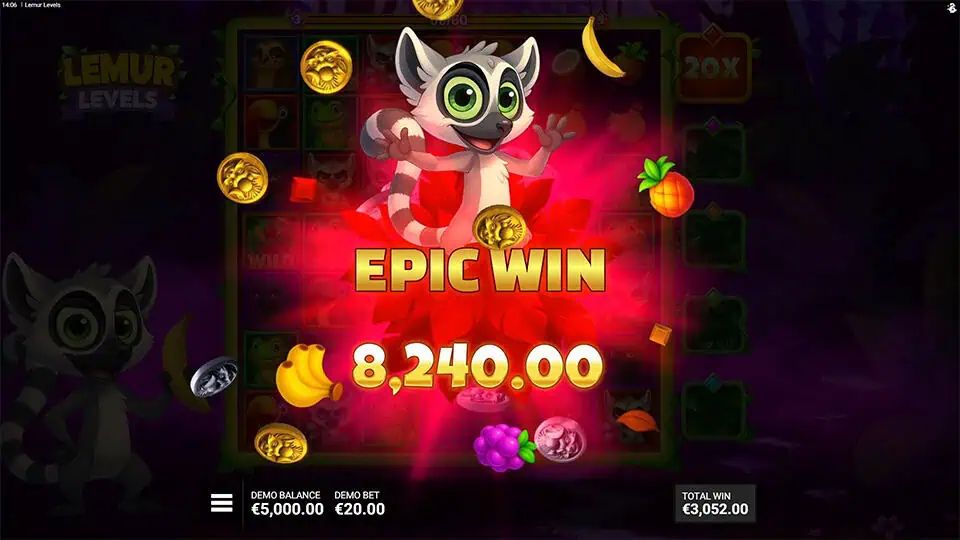 “EPIC WIN” text in bold gold letters flashes behind the excited lemur character, surrounded by coins, bananas, and glowing fruit symbols.