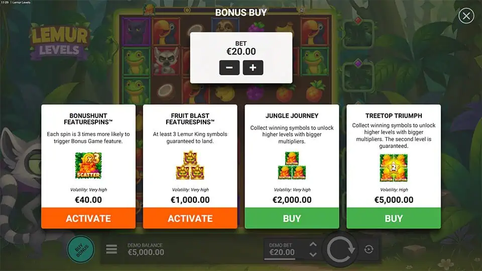 Bonus buy screen offering four modes including Bonushunt, Fruit Blast, Jungle Journey, and Treetop Triumph, each tied to multipliers or symbol triggers.