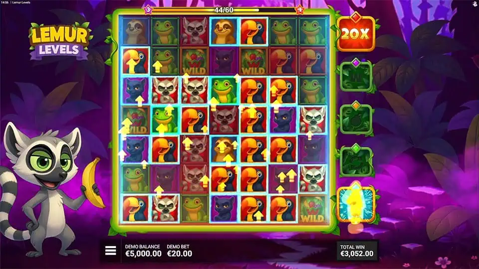 Gameplay showing symbol upgrades and win paths with arrows, grid boosters, and a visible 20x multiplier activated on the right.
