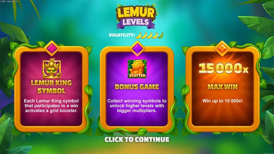 Feature overview showing Lemur King Symbol, Bonus Game with level progression, and a max win potential of 15,000x.